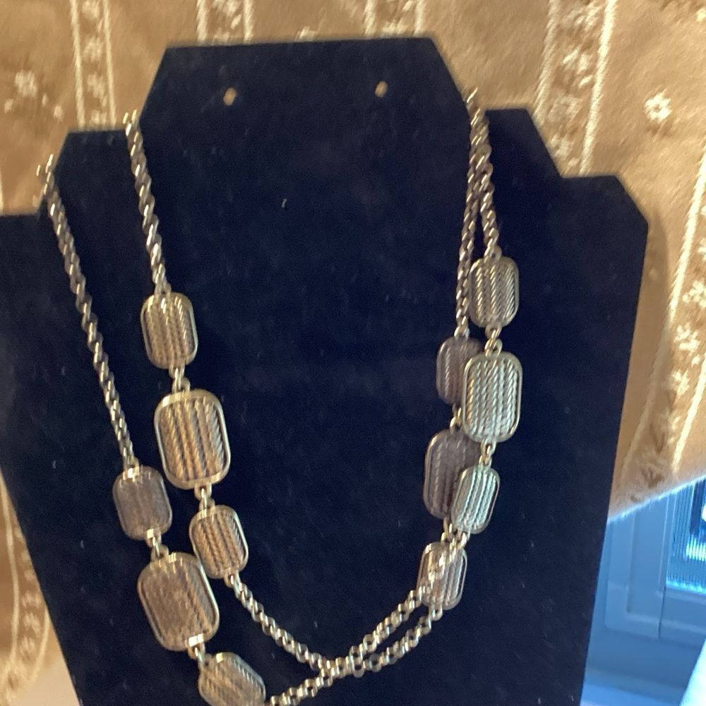 Brass Tone and Silver Tone Textured Plaque Necklace